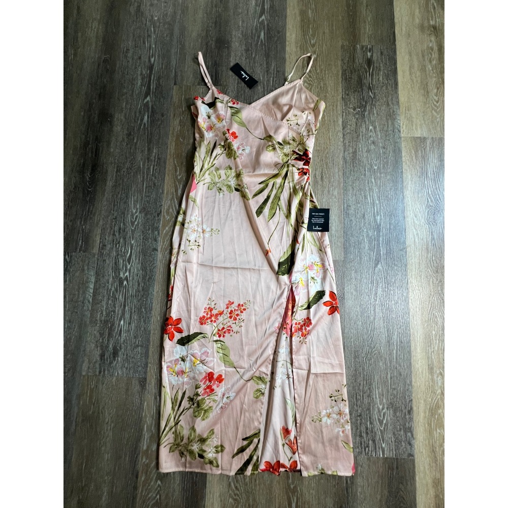 Lulus Midi Dress Womens Medium Pink Floral Satin Slit Surplice Neck NWT